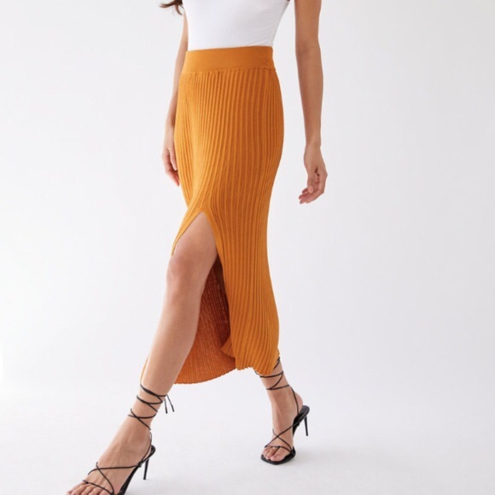Women's Aritzia Wilfred Zeta Ribbed Knit Slit Midi Skirt Golden Mustard Size S